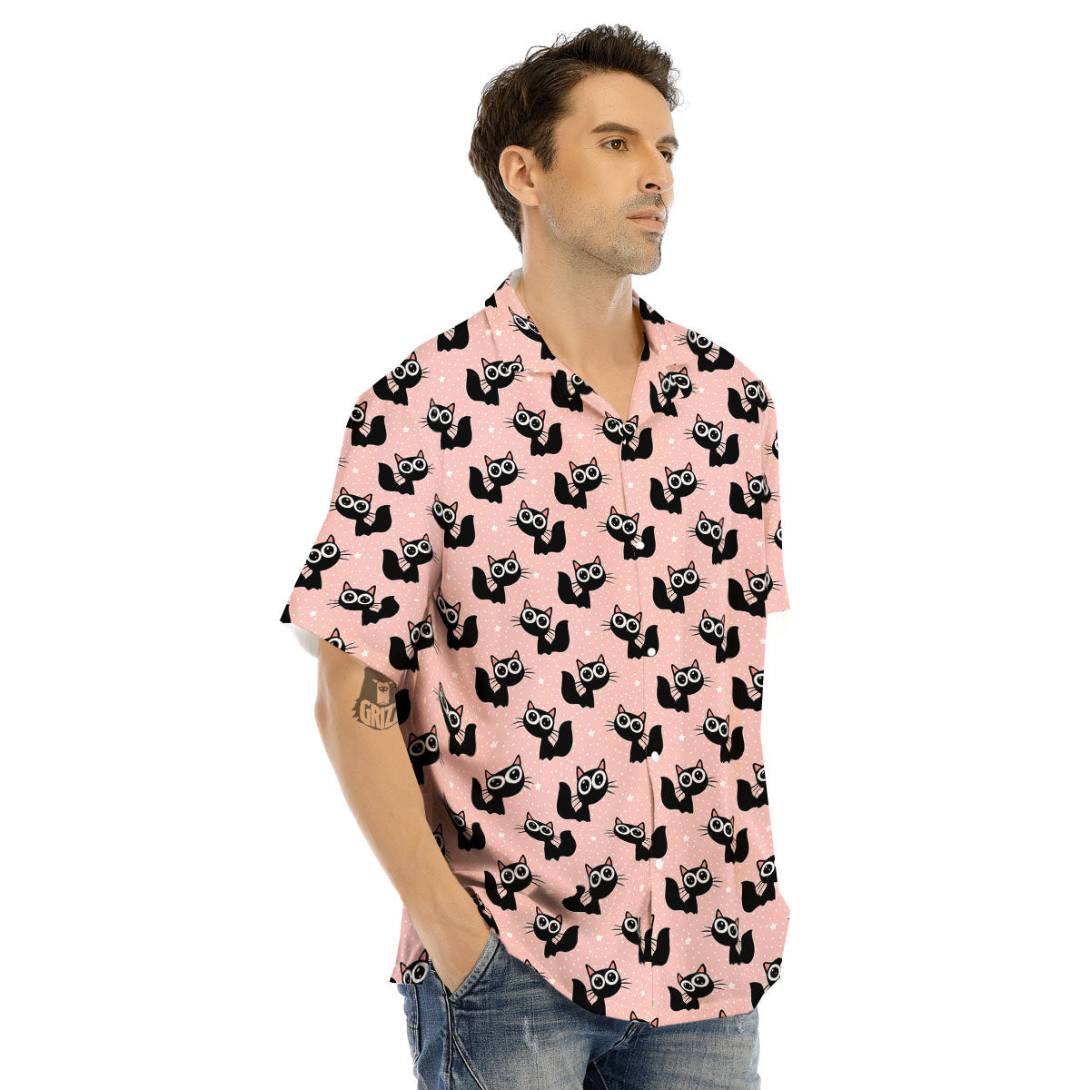 Pink And Black Cat Print Pattern Men's Hawaiian Shirt-grizzshop