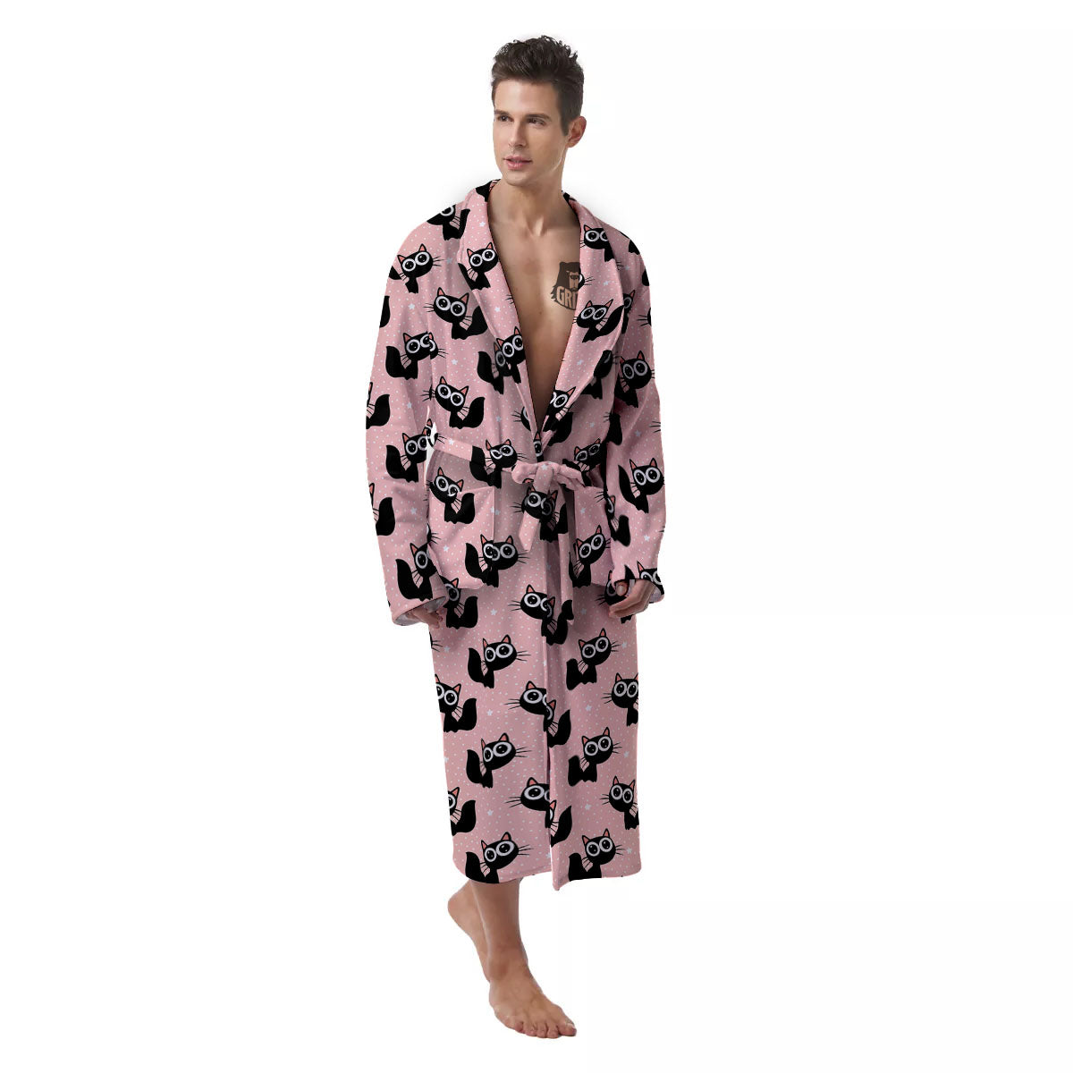 Pink And Black Cat Print Pattern Men's Robe-grizzshop