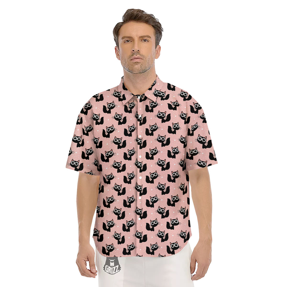 Pink And Black Cat Print Pattern Men's Short Sleeve Shirts-grizzshop