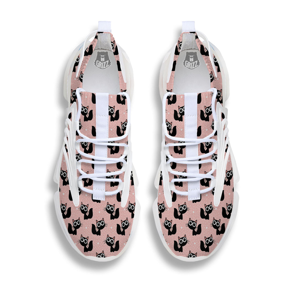 Pink And Black Cat Print Pattern White Gym Shoes-grizzshop