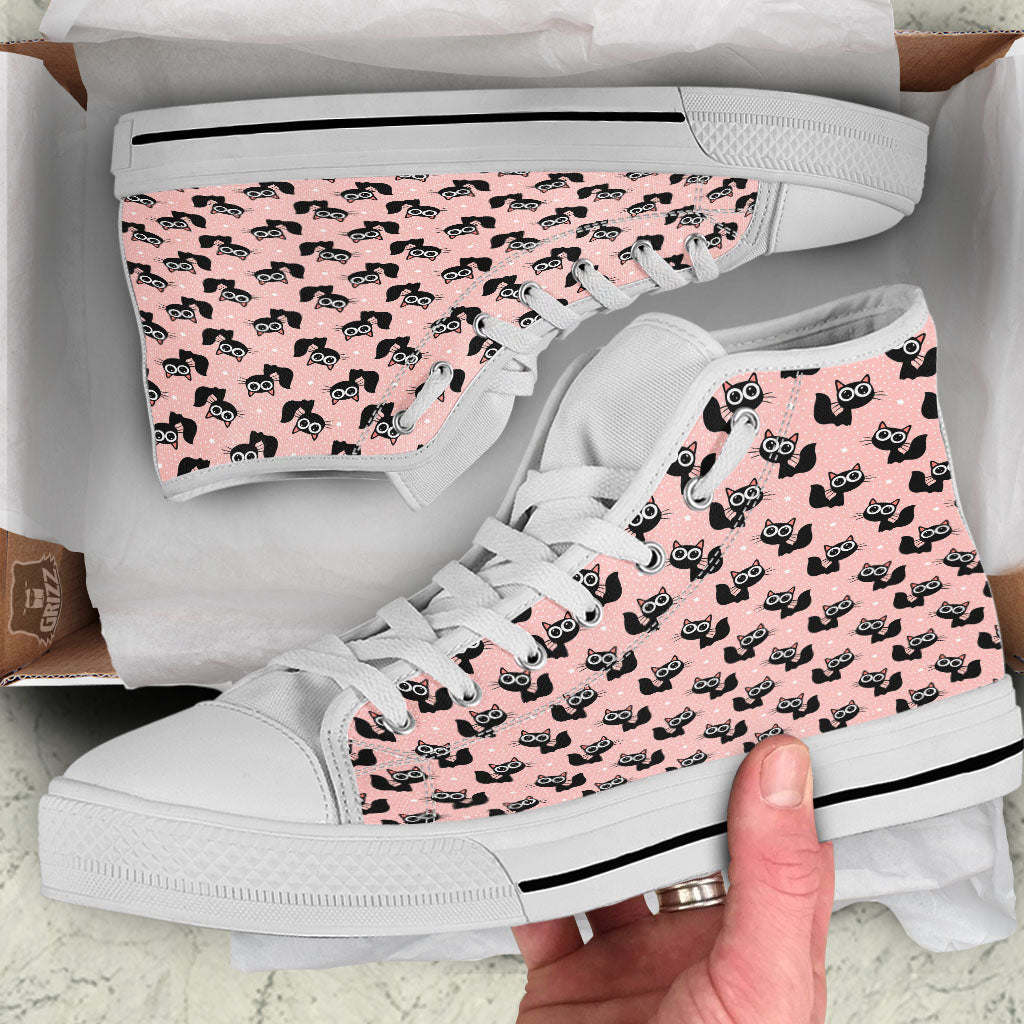 Pink And Black Cat Print Pattern White High Top Shoes-grizzshop