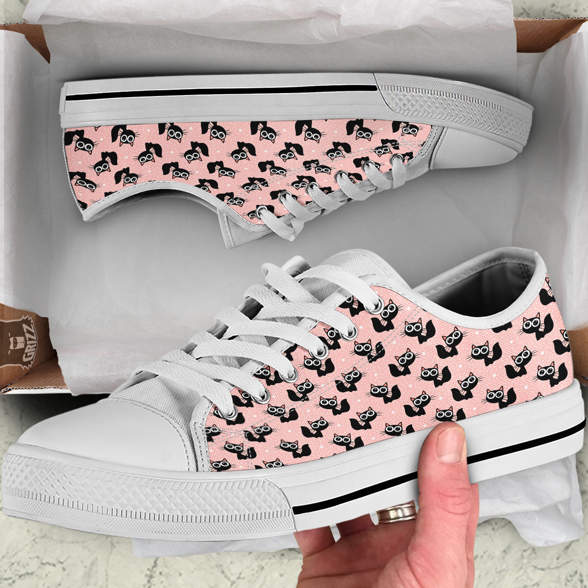 Pink And Black Cat Print Pattern White Low Top Shoes-grizzshop