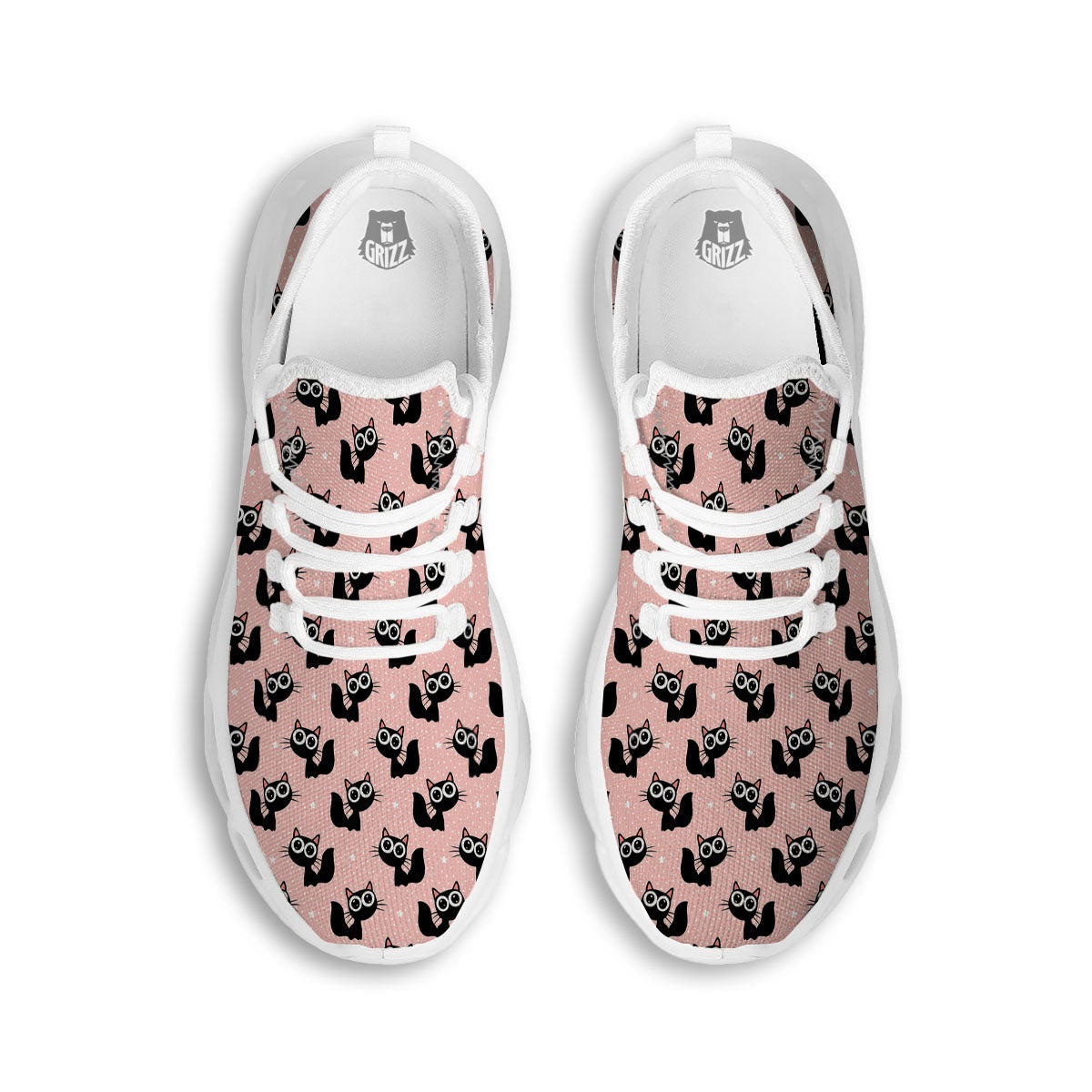 Pink And Black Cat Print Pattern White Running Shoes-grizzshop