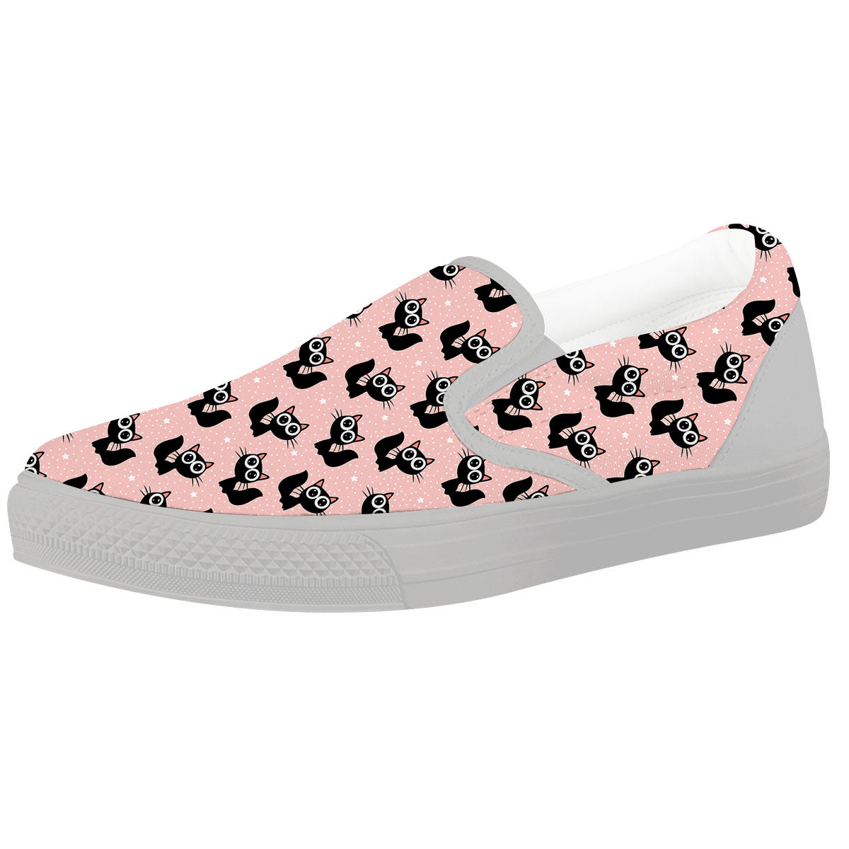 Pink And Black Cat Print Pattern White Slip On Shoes-grizzshop
