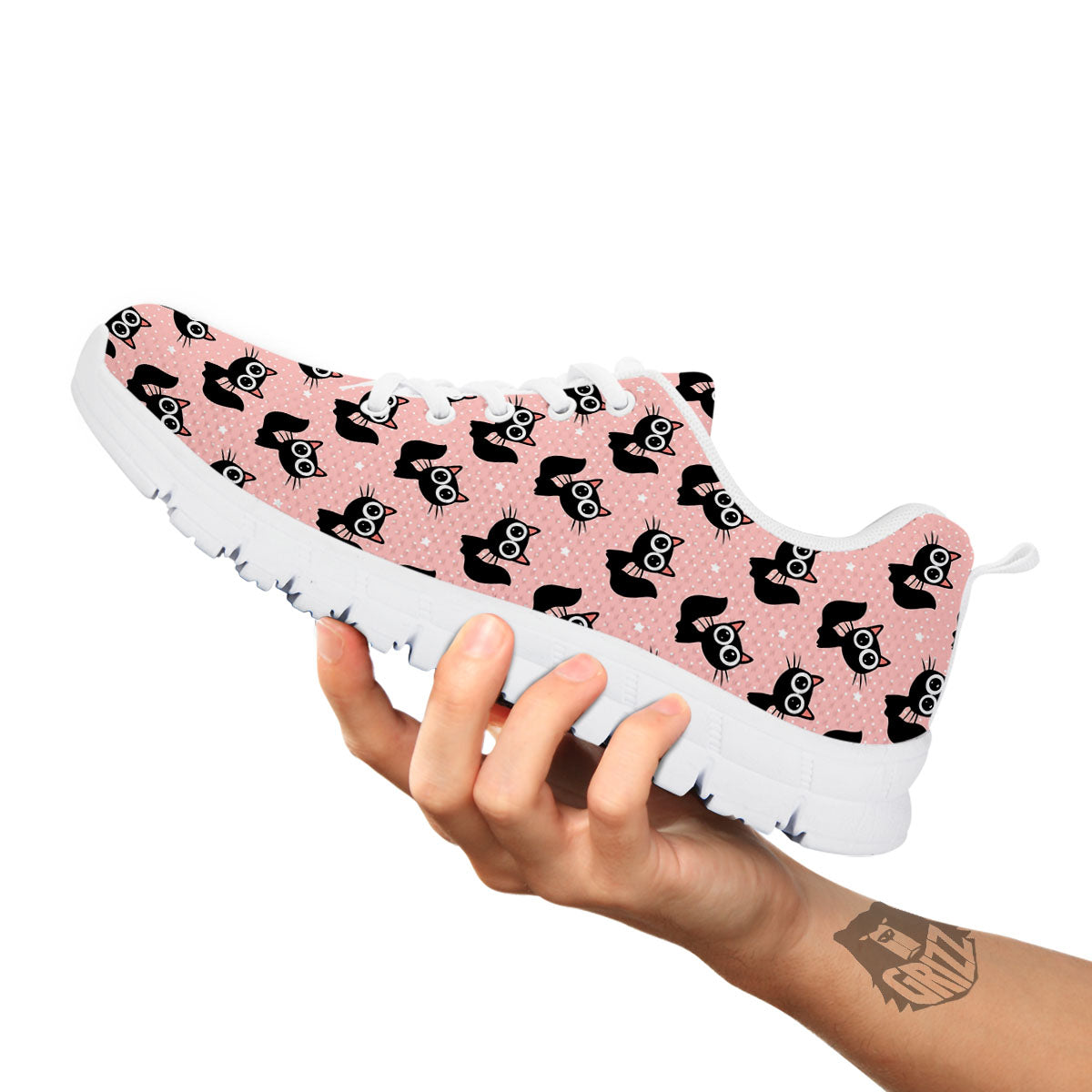 Pink And Black Cat Print Pattern White Sneaker-grizzshop