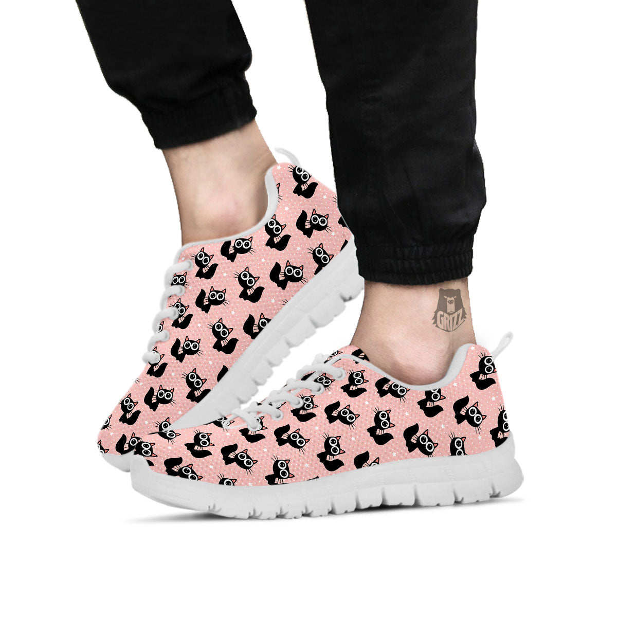 Pink And Black Cat Print Pattern White Sneaker-grizzshop