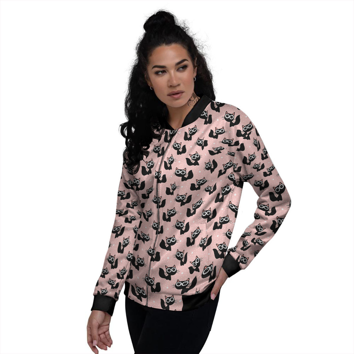 Pink And Black Cat Print Pattern Women's Bomber Jacket-grizzshop