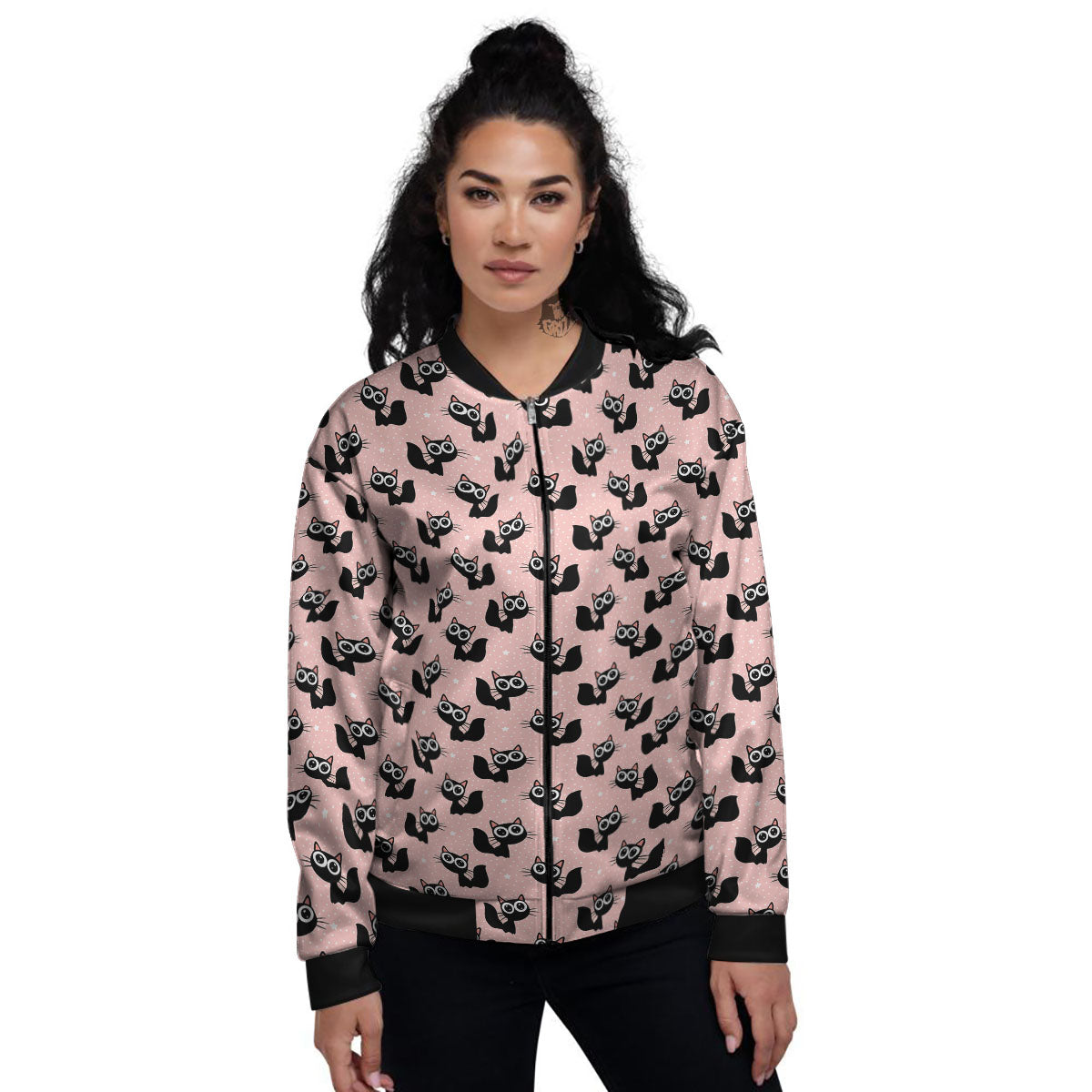 Pink And Black Cat Print Pattern Women's Bomber Jacket-grizzshop