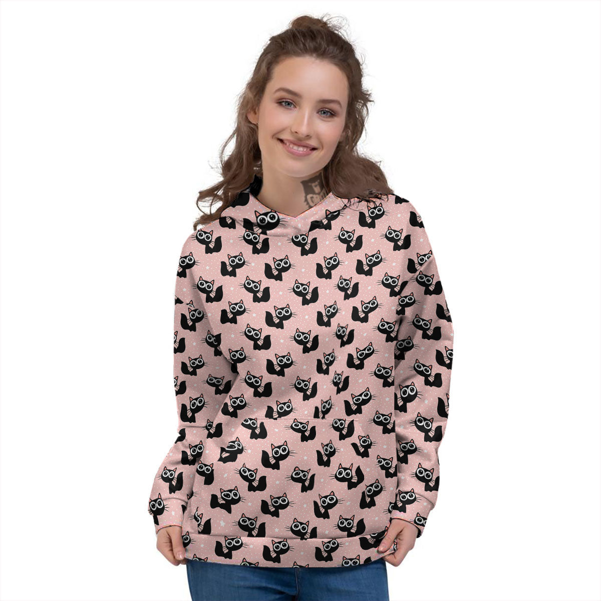 Pink And Black Cat Print Pattern Women's Hoodie-grizzshop