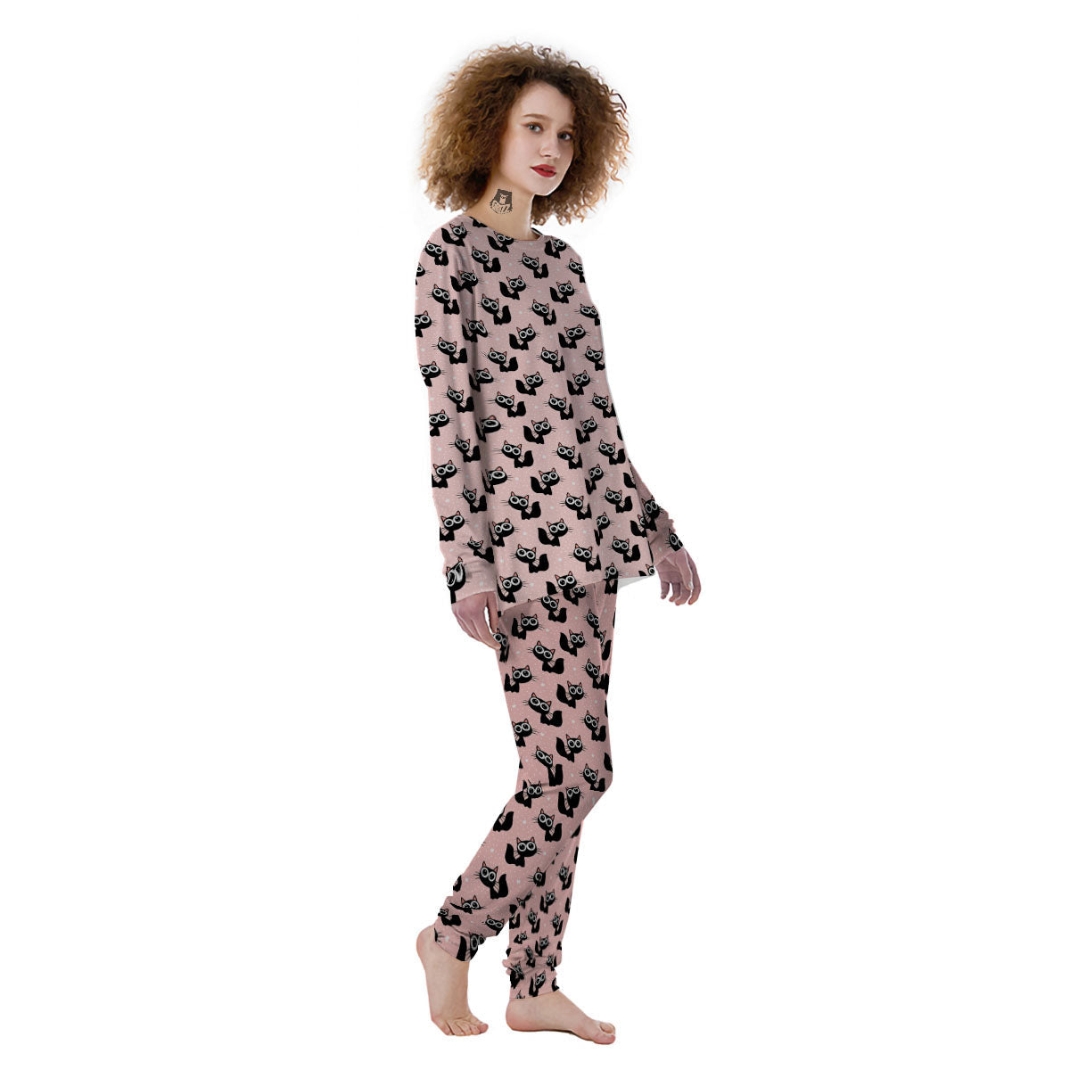 Pink And Black Cat Print Pattern Women's Pajamas-grizzshop