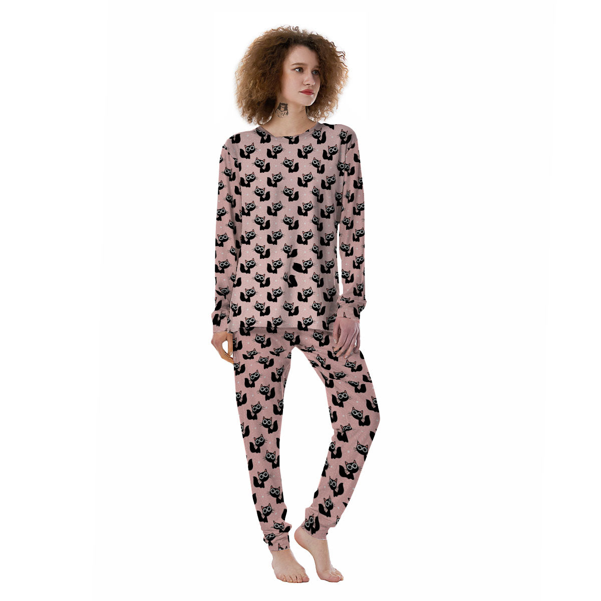 Pink And Black Cat Print Pattern Women's Pajamas-grizzshop