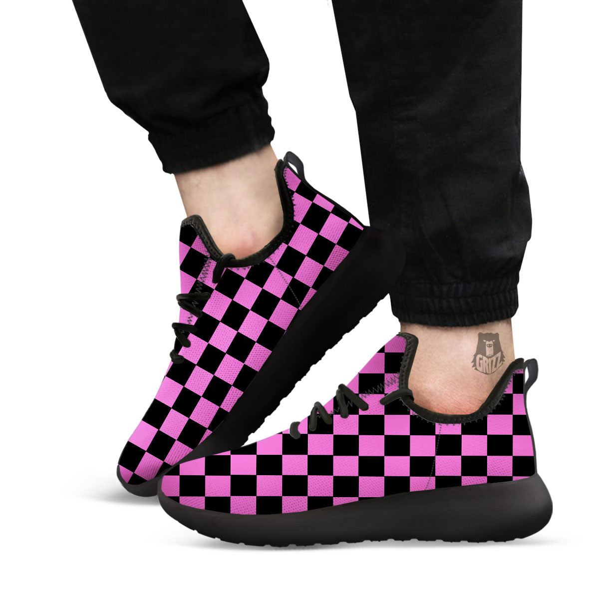 Pink And Black Checkered Print Pattern Black Athletic Shoes-grizzshop