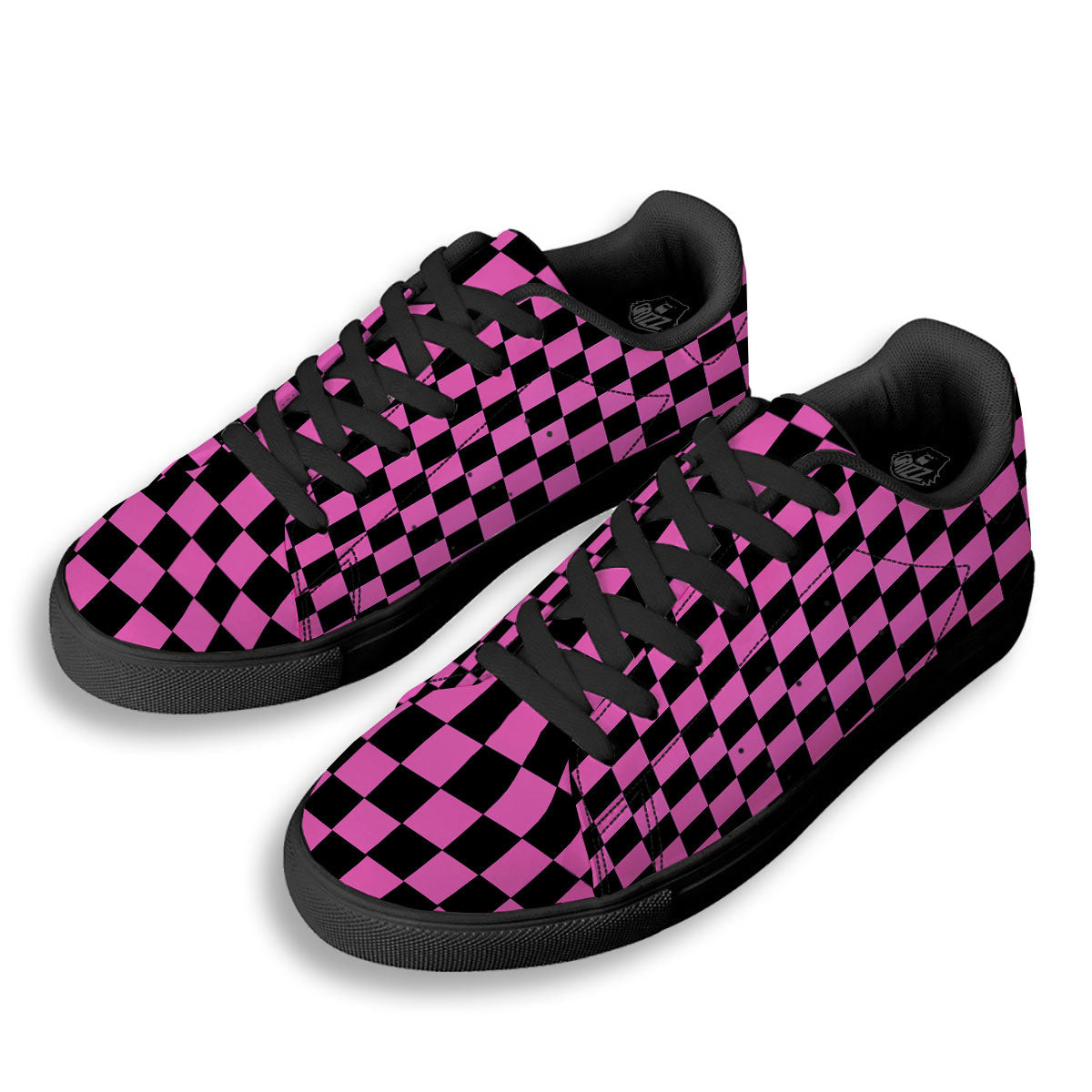 Pink And Black Checkered Print Pattern Black Low Top Sneakers-grizzshop