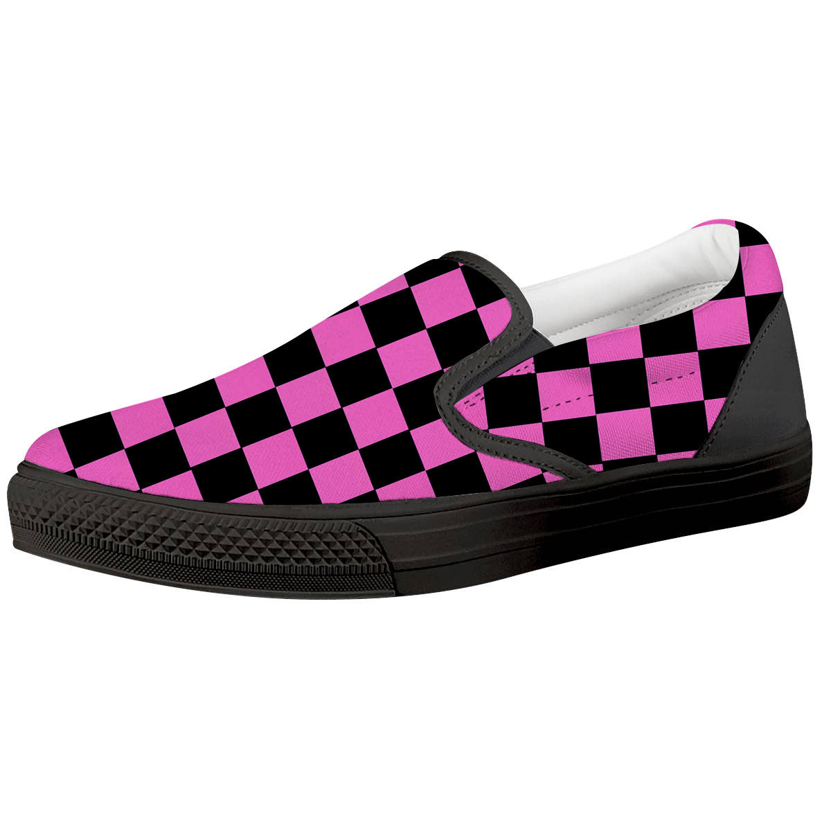 Pink And Black Checkered Print Pattern Black Slip On Shoes-grizzshop