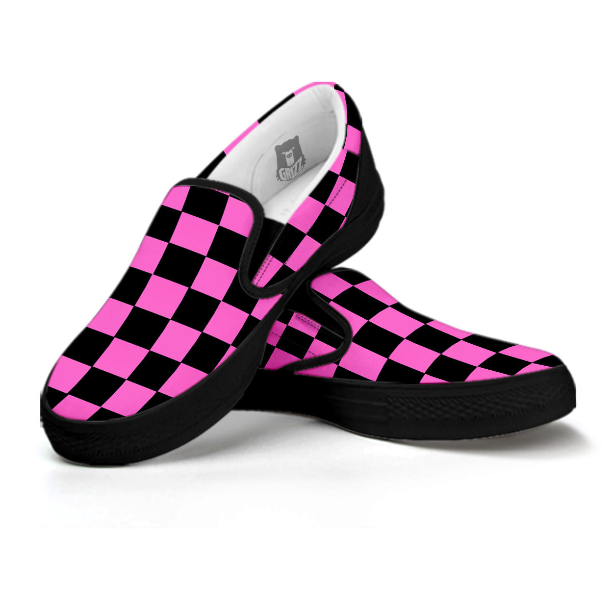 Pink And Black Checkered Print Pattern Black Slip On Shoes-grizzshop