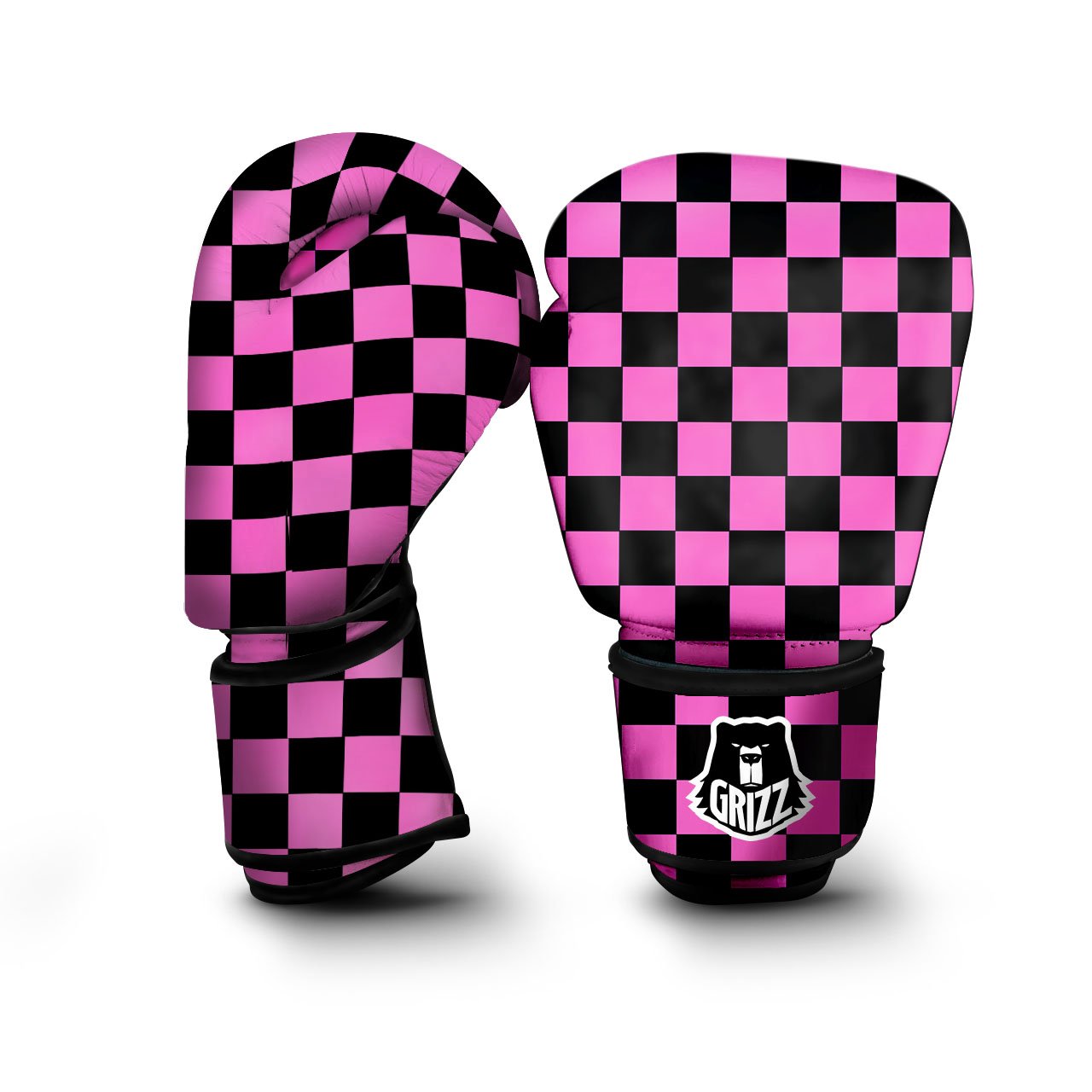 Pink And Black Checkered Print Pattern Boxing Gloves-grizzshop