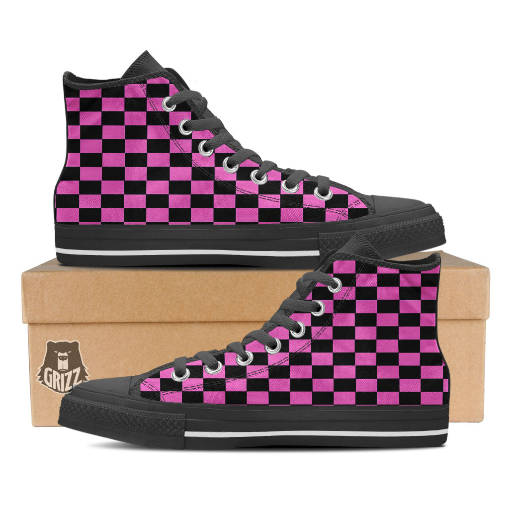 Pink And Black Checkered Print Pattern High Top Shoes-grizzshop
