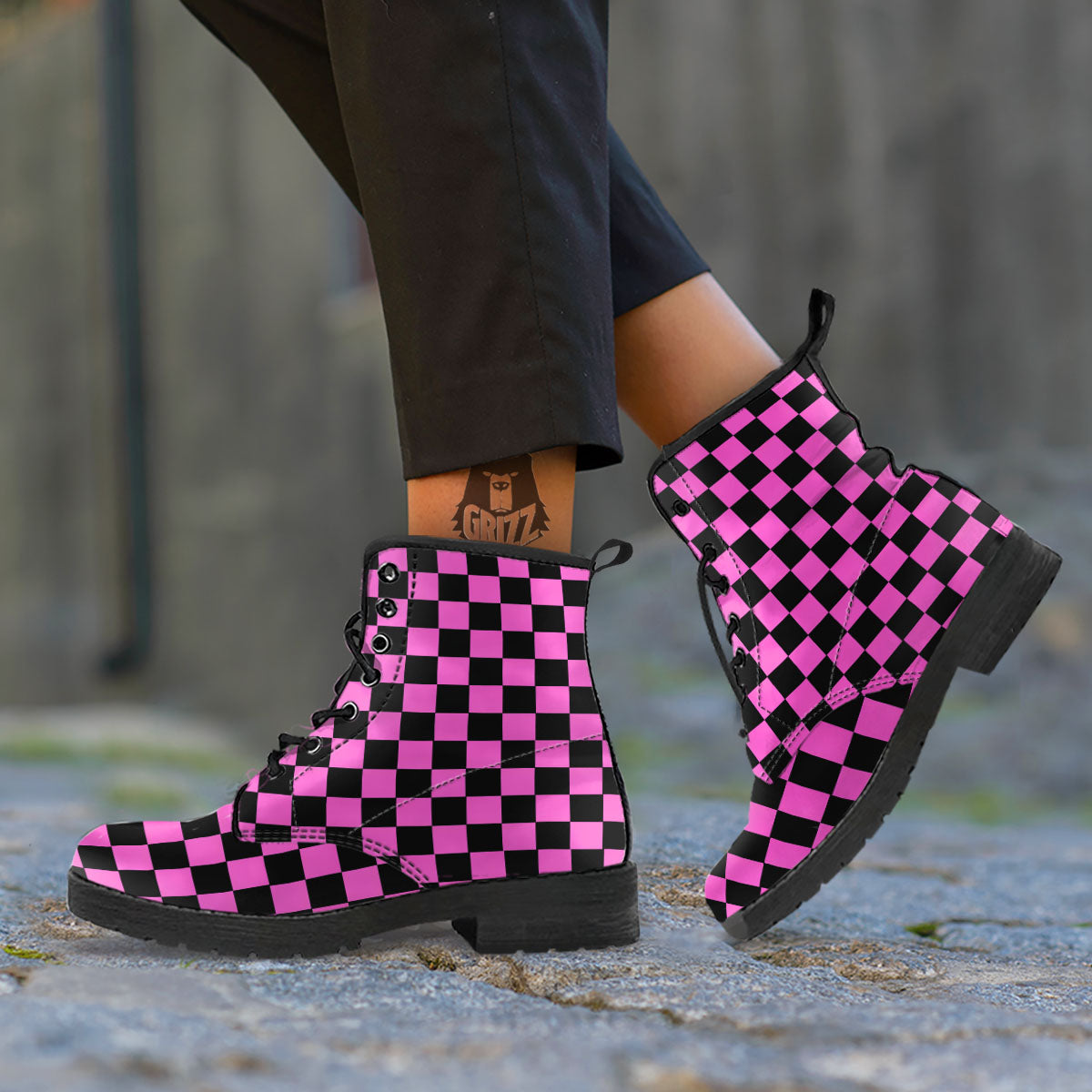 Pink And Black Checkered Print Pattern Leather Boots-grizzshop