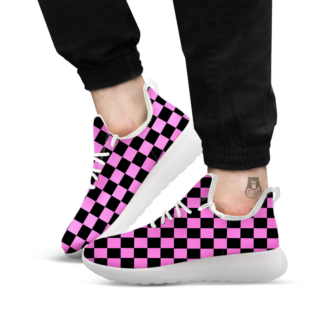 Pink And Black Checkered Print Pattern White Athletic Shoes-grizzshop