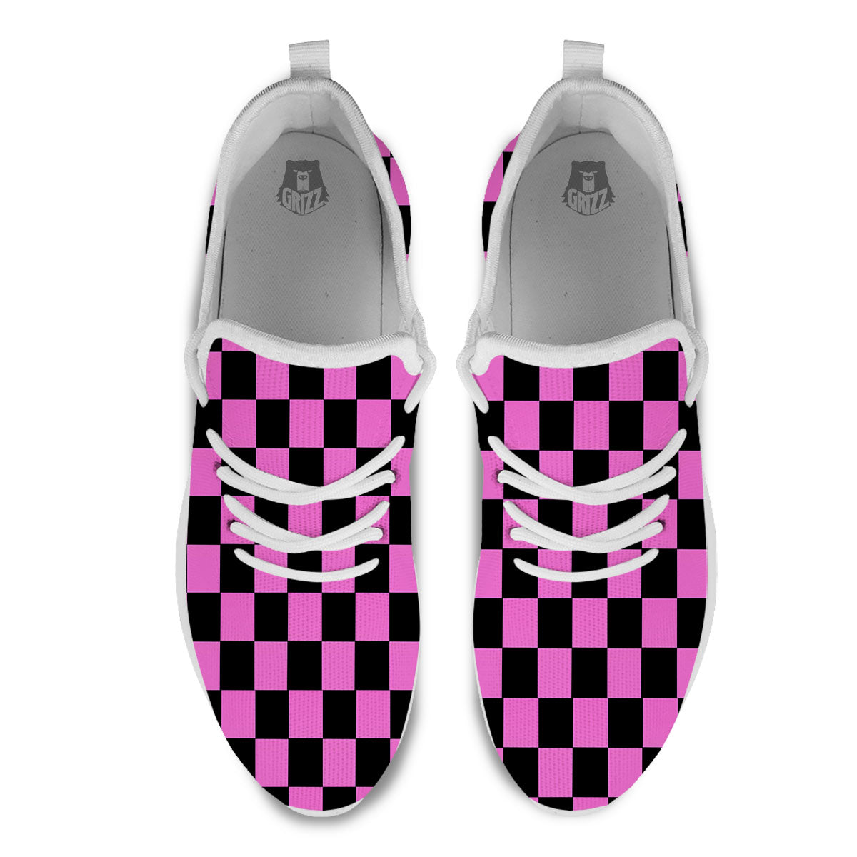 Pink And Black Checkered Print Pattern White Athletic Shoes-grizzshop