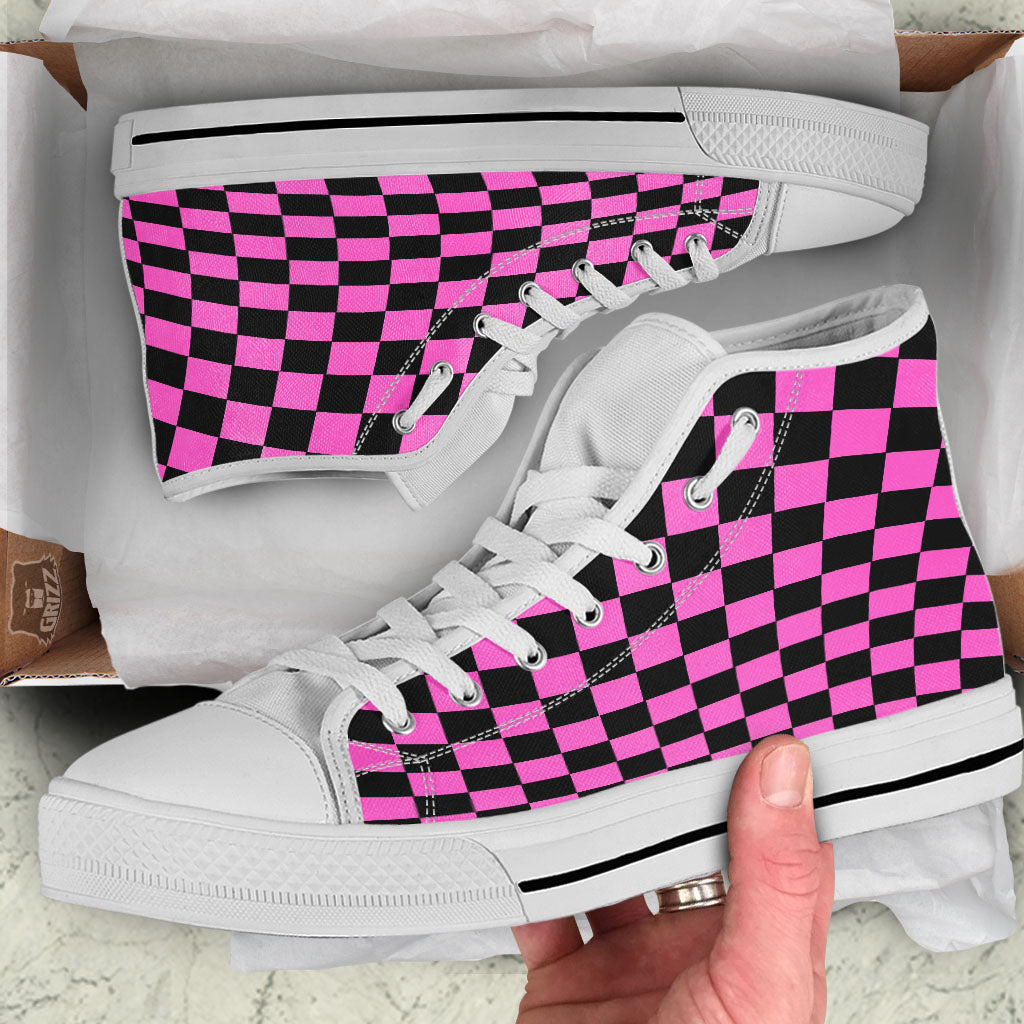Pink And Black Checkered Print Pattern White High Top Shoes-grizzshop