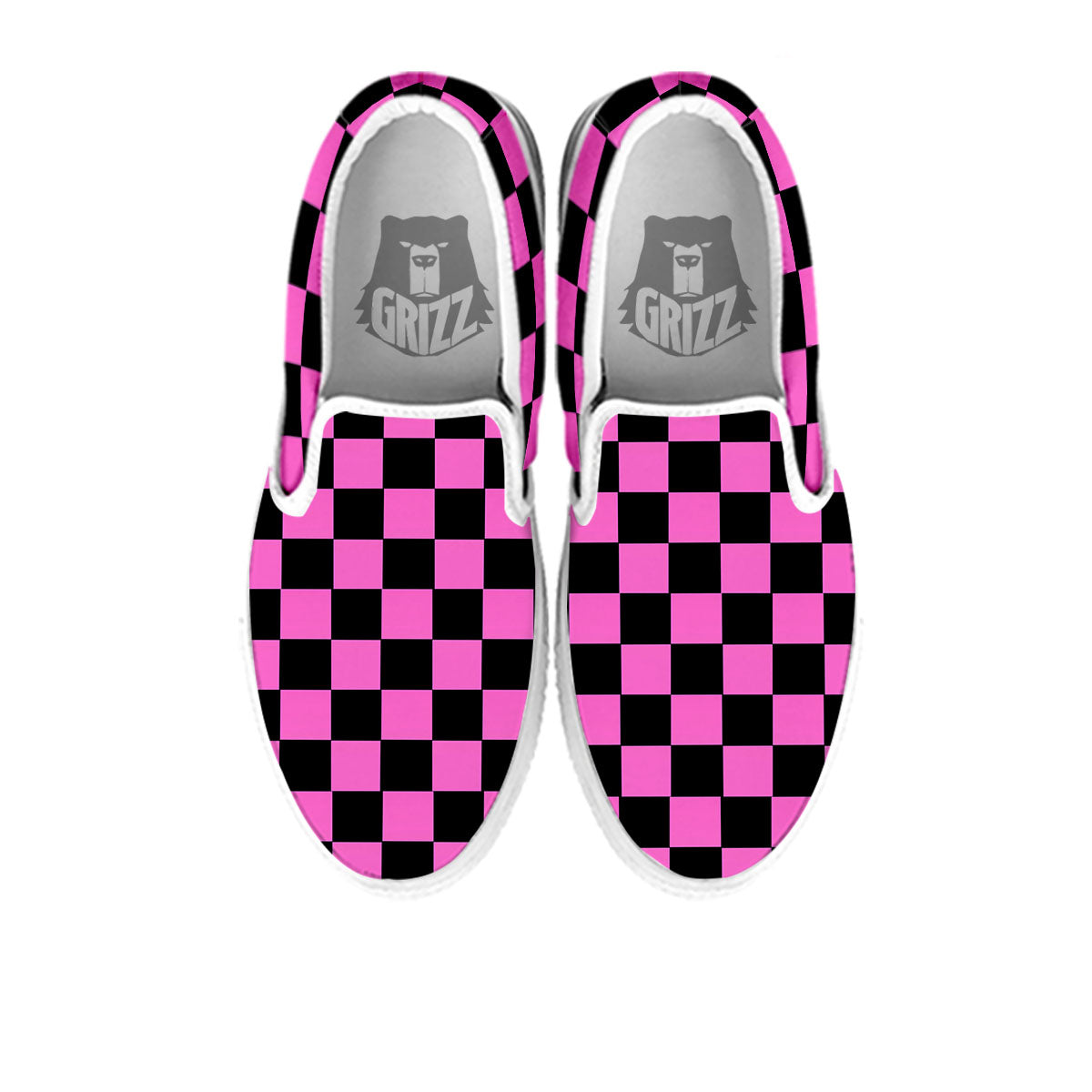 Pink And Black Checkered Print Pattern White Slip On Shoes-grizzshop