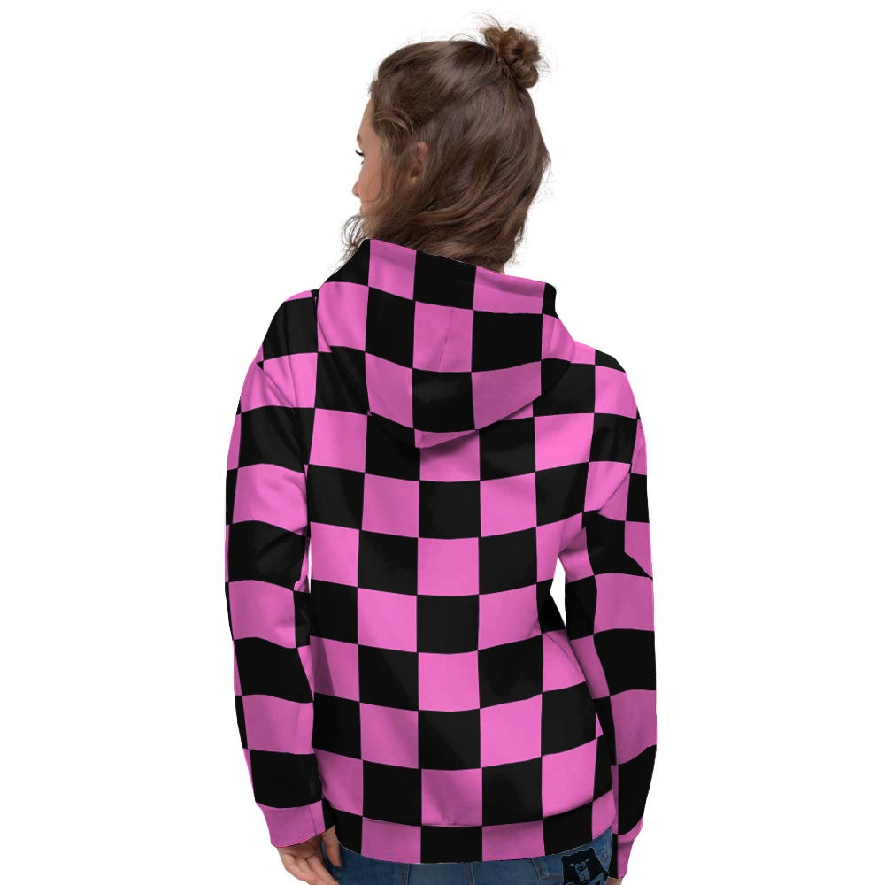 Pink And Black Checkered Print Pattern Women's Hoodie-grizzshop