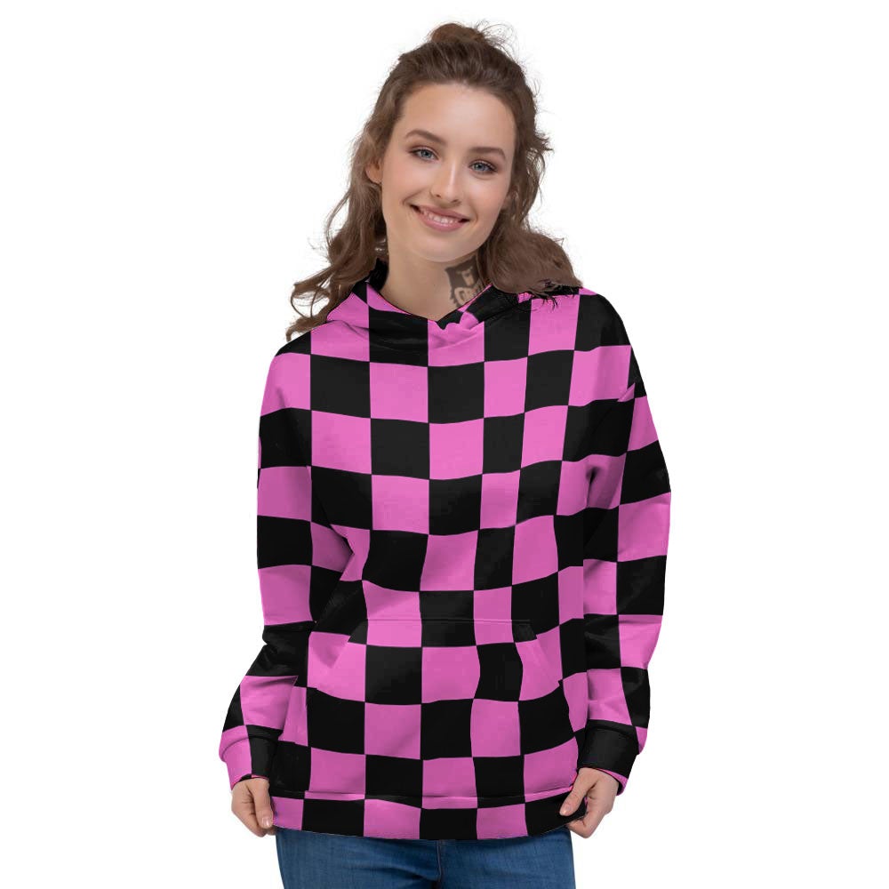 Pink And Black Checkered Print Pattern Women's Hoodie-grizzshop