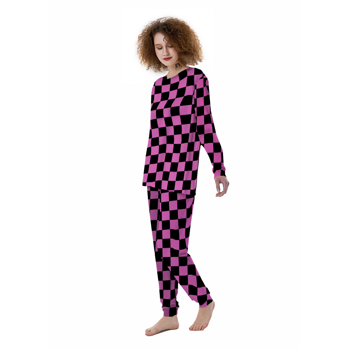 Pink And Black Checkered Print Pattern Women's Pajamas-grizzshop