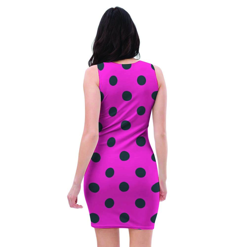 Pink And Black Polka Dot Bodycon Dress-grizzshop