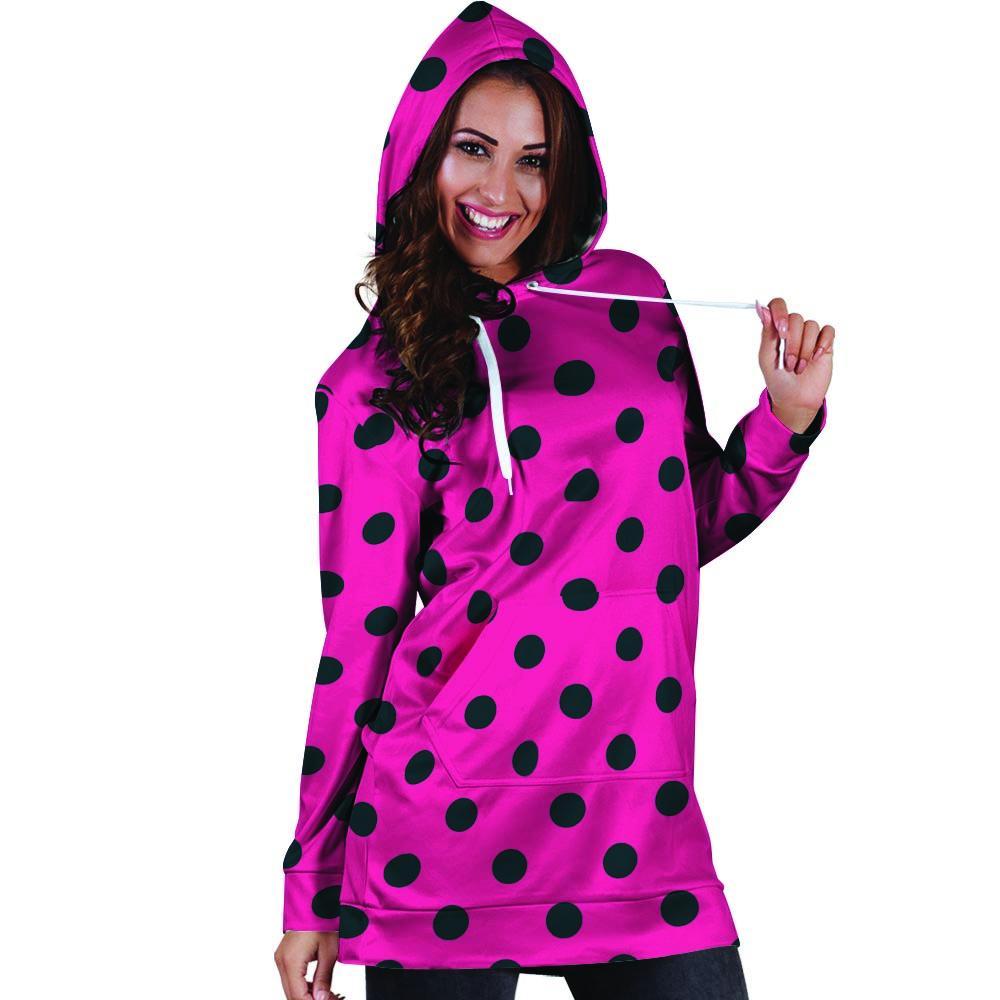 Pink And Black Polka Dot Hoodie Dress-grizzshop