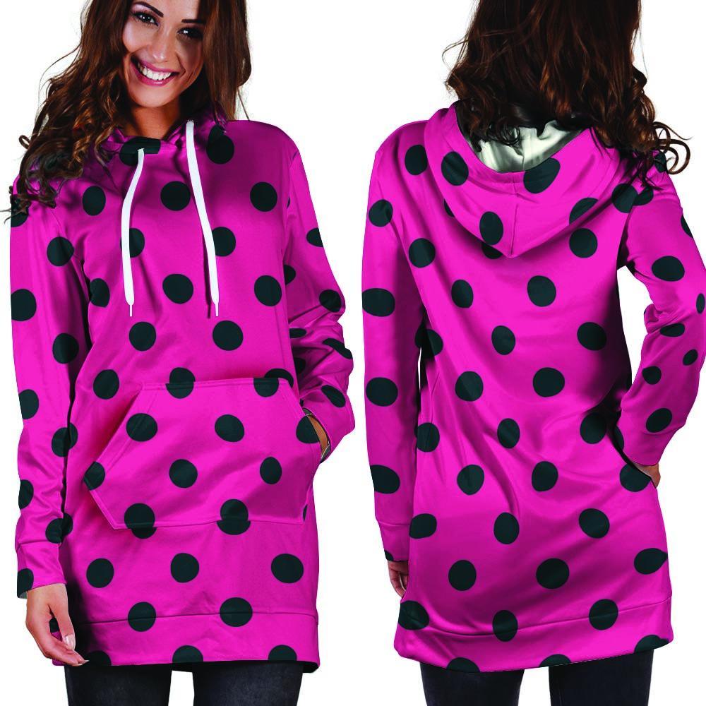 Pink And Black Polka Dot Hoodie Dress-grizzshop