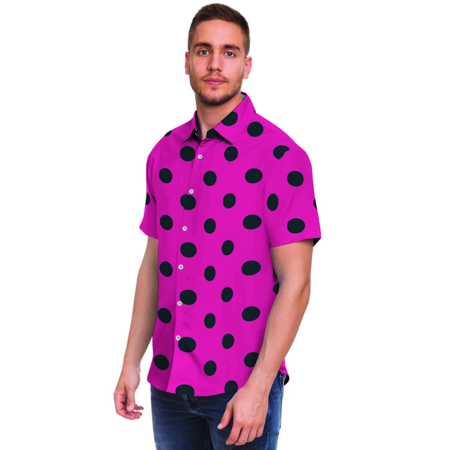 Pink And Black Polka Dot Men's Short Sleeve Shirt-grizzshop