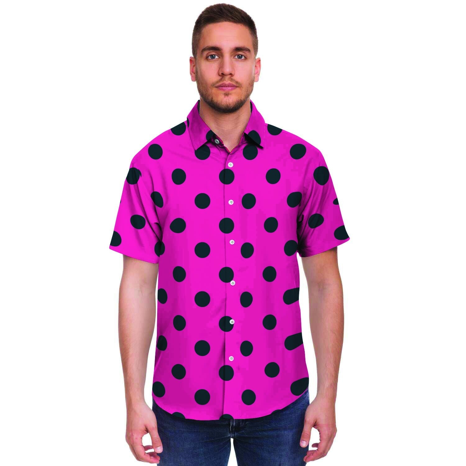 Pink And Black Polka Dot Men's Short Sleeve Shirt-grizzshop