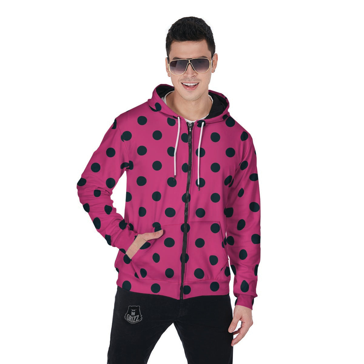 Pink And Black Polka Dot Men's Zip Up Hoodie-grizzshop