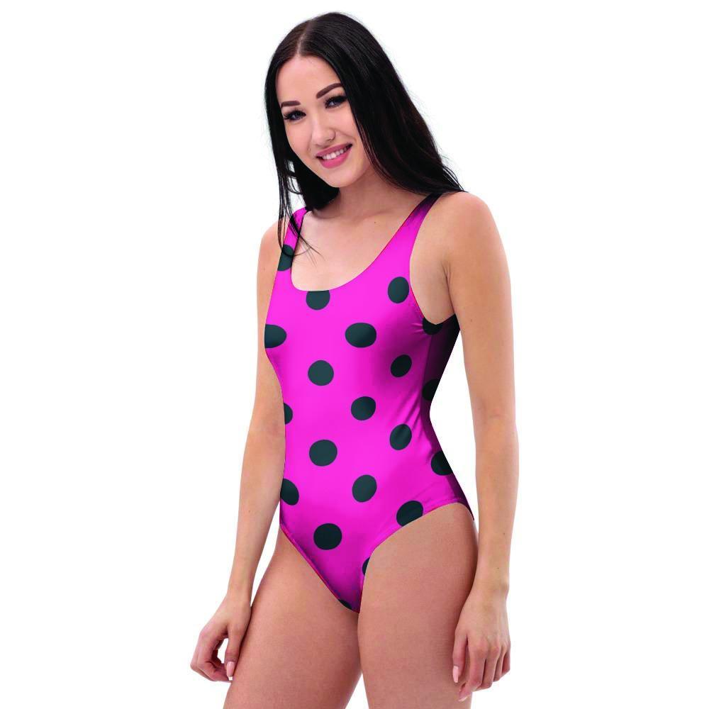 Pink And Black Polka Dot One Piece Swimsuite-grizzshop