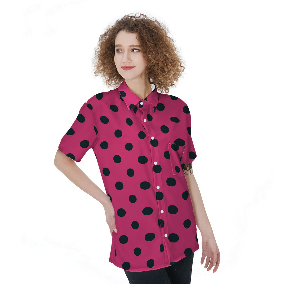 Pink And Black Polka Dot Women's Short Sleeve Shirts-grizzshop