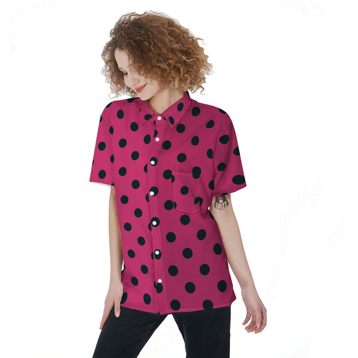 Pink And Black Polka Dot Women's Short Sleeve Shirts-grizzshop