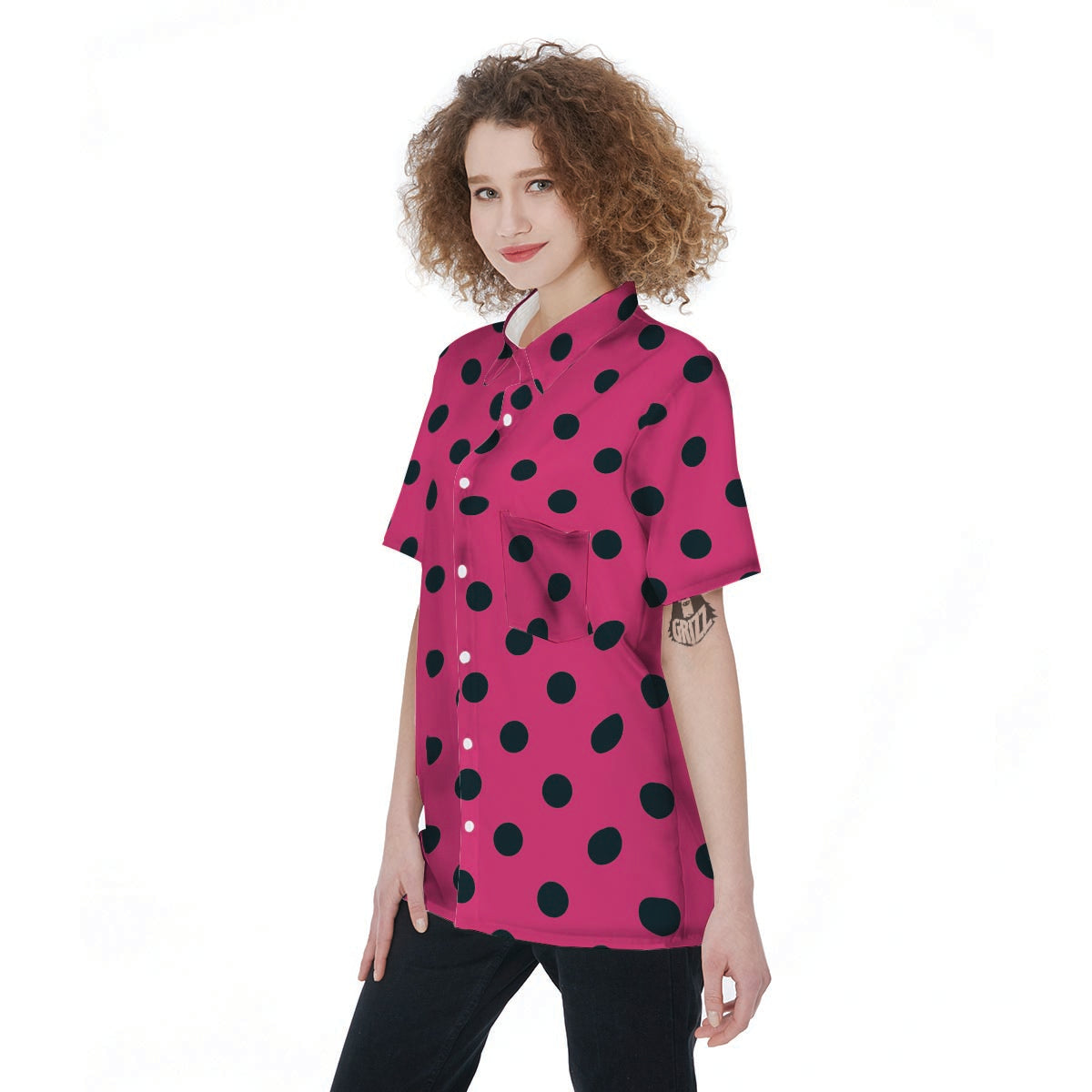 Pink And Black Polka Dot Women's Short Sleeve Shirts-grizzshop