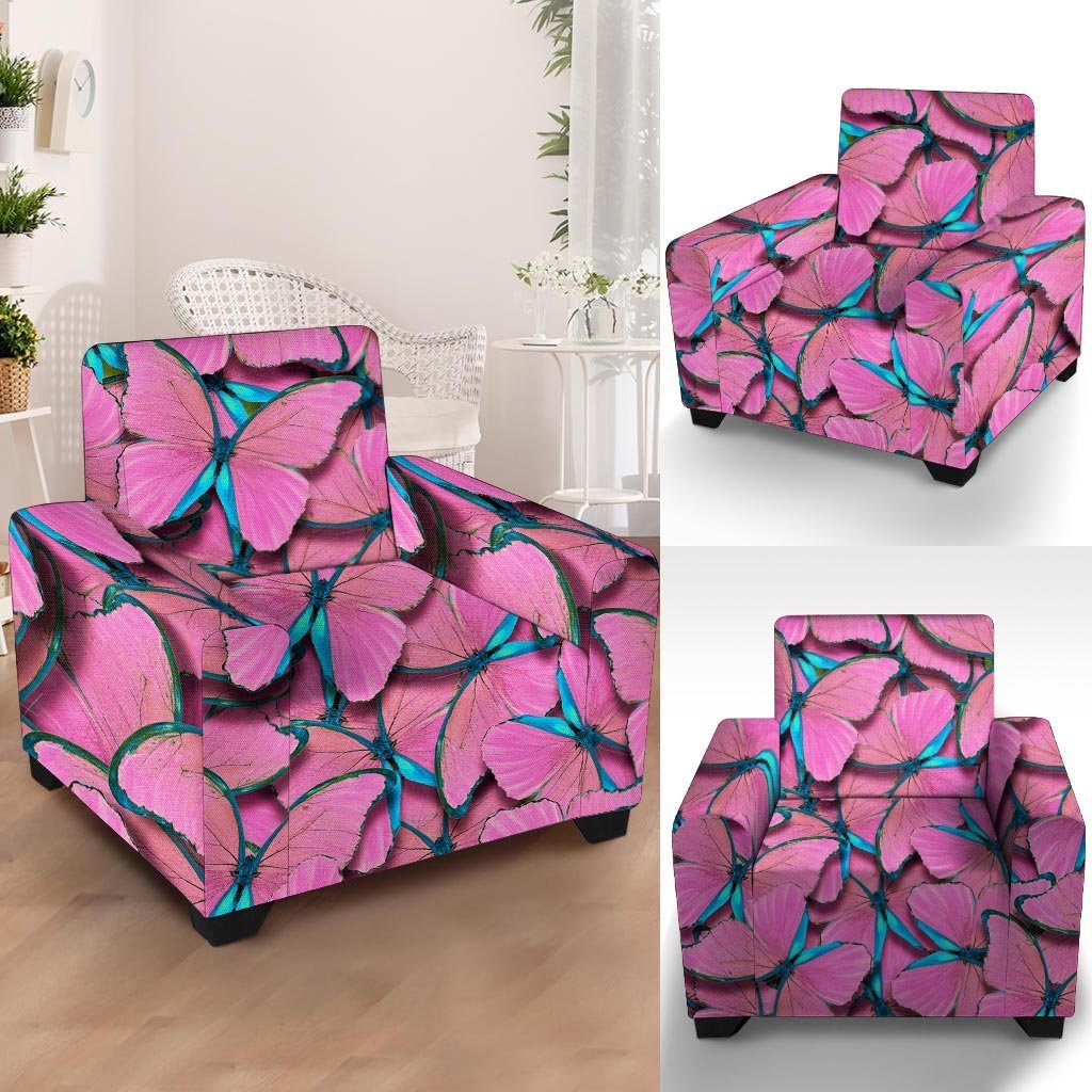 Pink And Blue Butterfly Print Armchair Cover-grizzshop