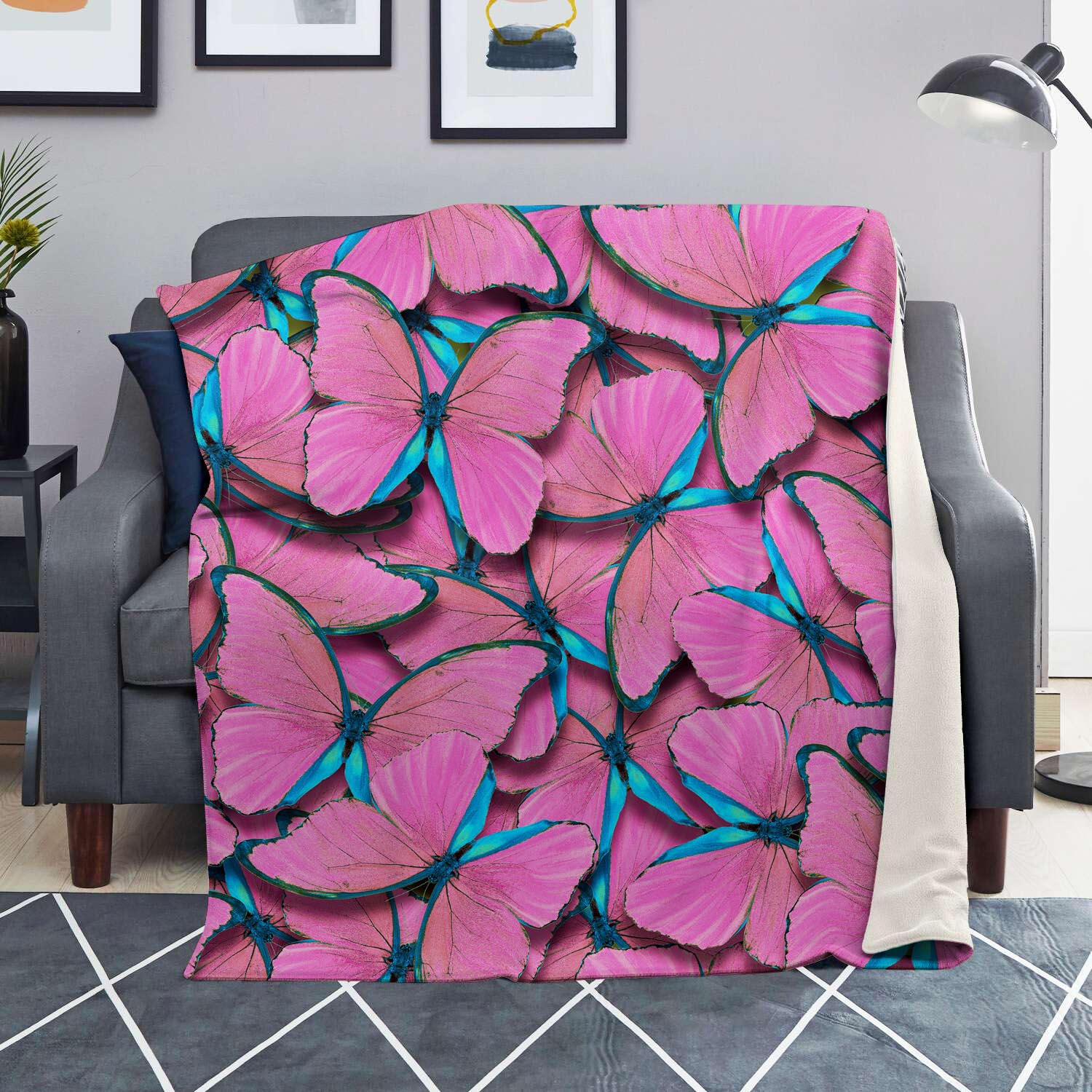 Pink And Blue Butterfly Print Blanket-grizzshop