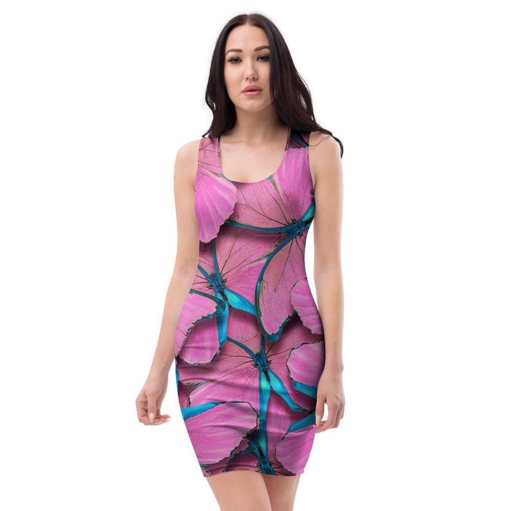 Pink And Blue Butterfly Print Bodycon Dress-grizzshop