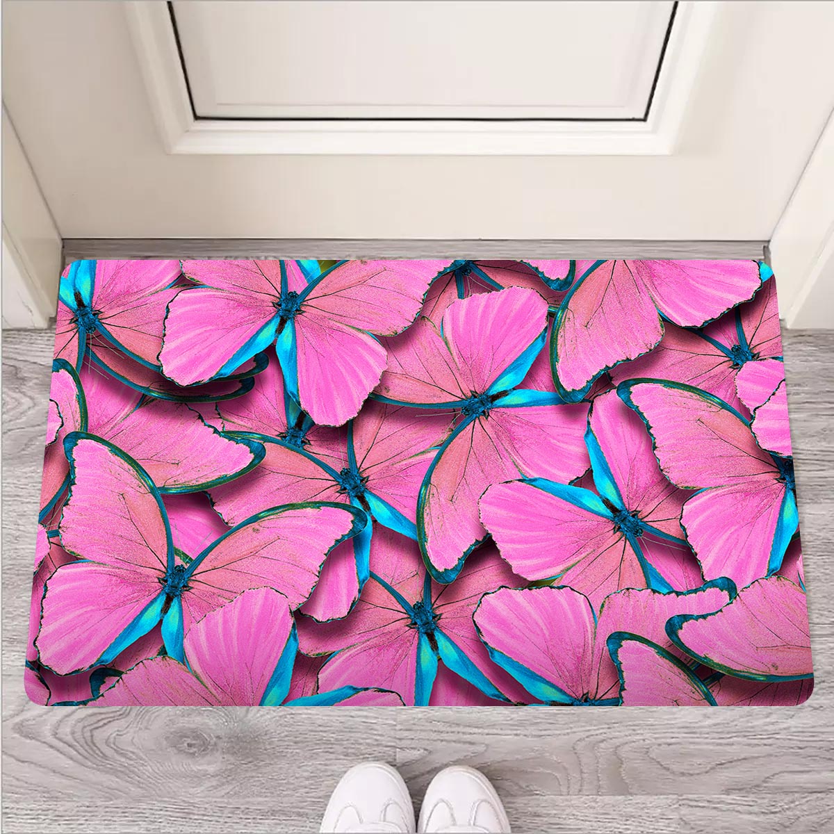Pink And Blue Butterfly Print Door Mat-grizzshop
