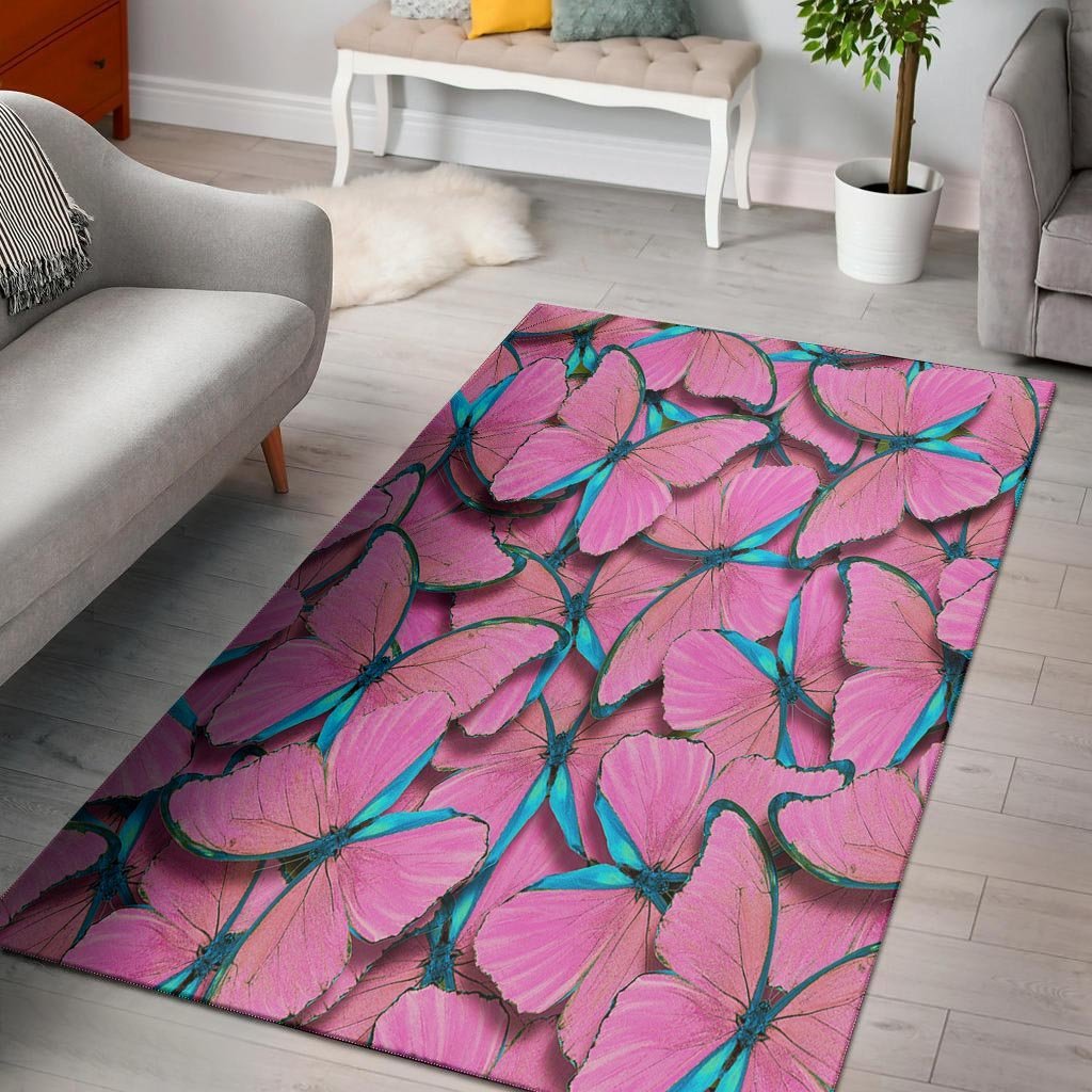 Pink And Blue Butterfly Print Floor Mat-grizzshop