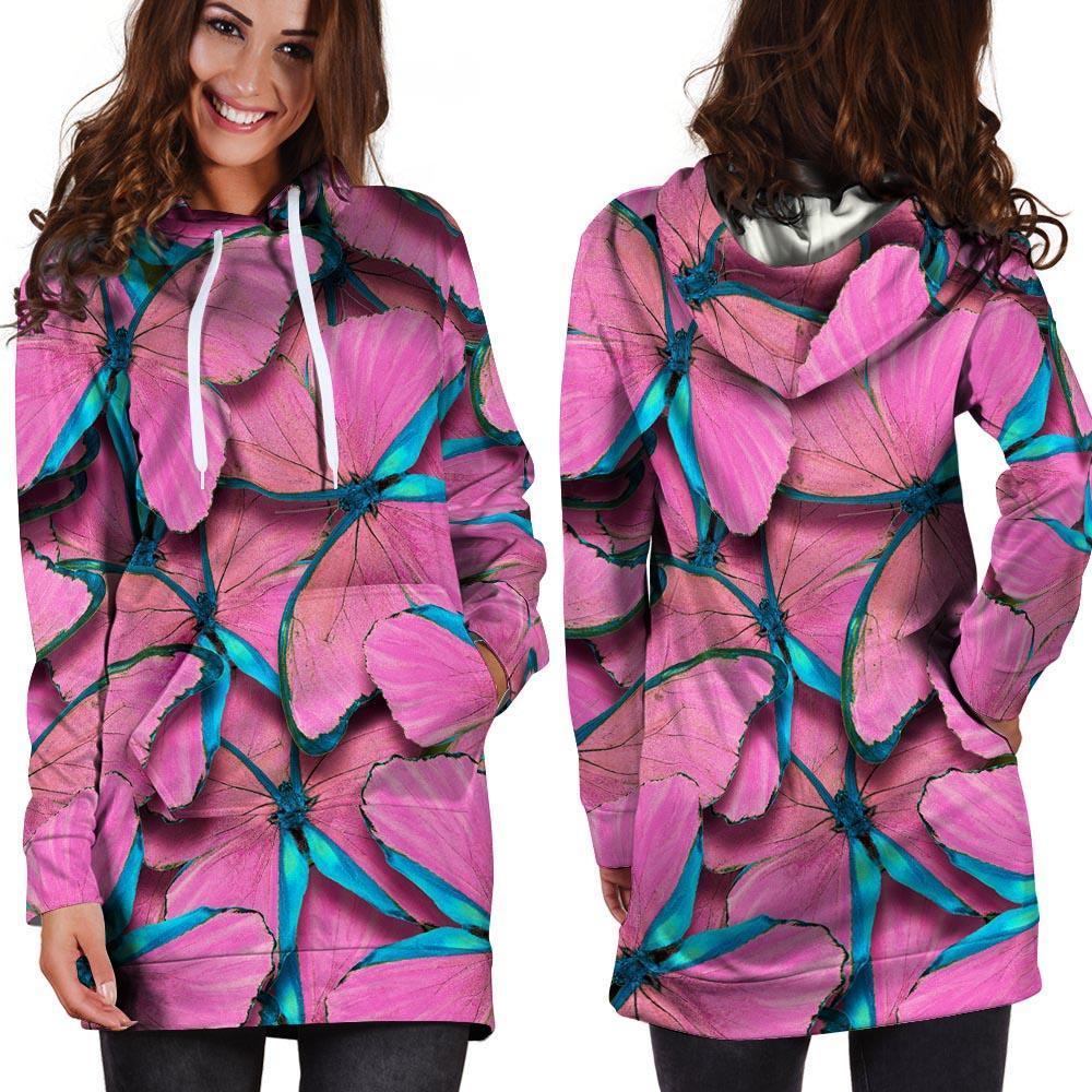 Pink And Blue Butterfly Print Hoodie Dress-grizzshop