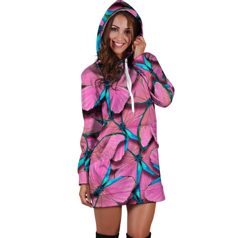 Pink And Blue Butterfly Print Hoodie Dress-grizzshop