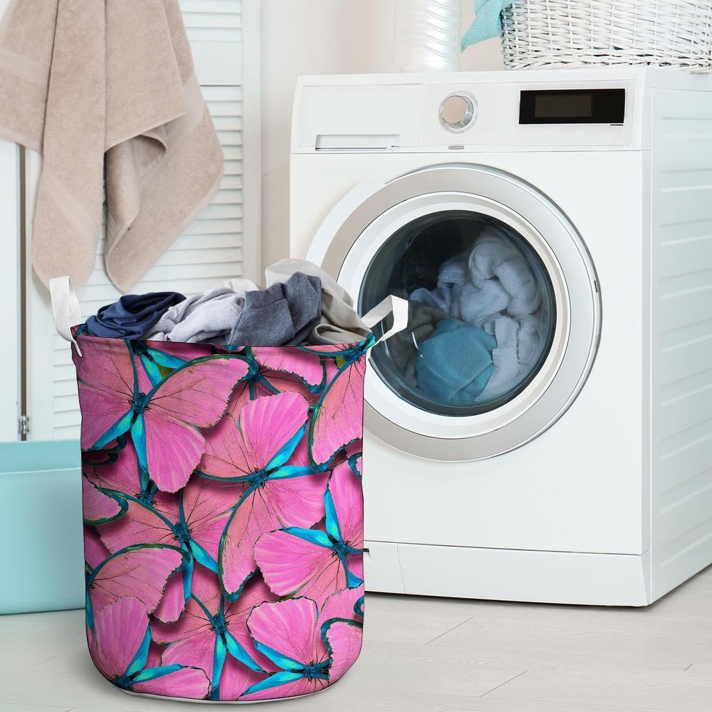 Pink And Blue Butterfly Print Laundry Basket-grizzshop