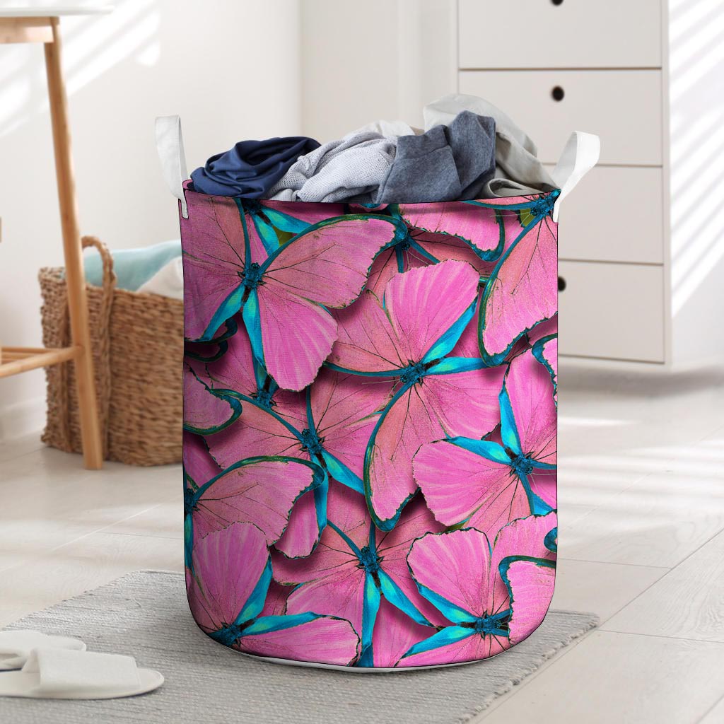 Pink And Blue Butterfly Print Laundry Basket-grizzshop