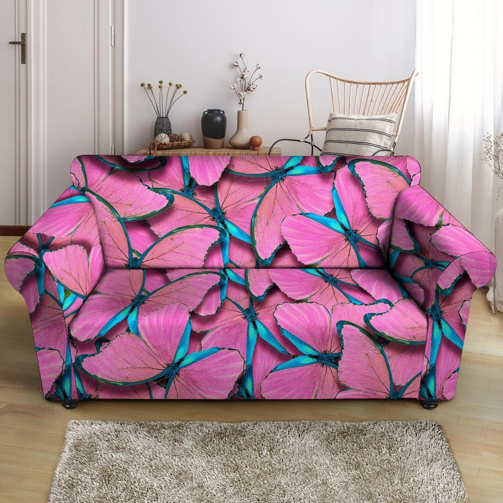 Pink And Blue Butterfly Print Loveseat Cover-grizzshop