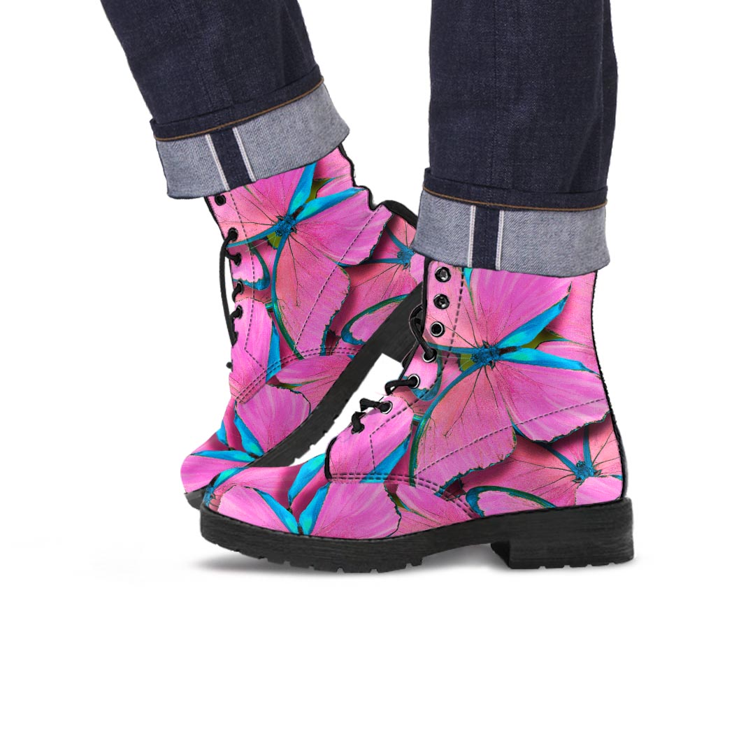 Pink And Blue Butterfly Print Men's Boots-grizzshop